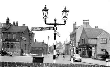 Market Place, Chapeltown showing (left) Wagon and Horses public house (No.2) (centre) Station Road and (right) Harlow and Wright, chemists.