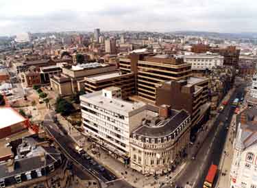 View of City Centre from top of the Town Hall showing Leopold Street (right) and Barkers Pool (centre) and Fountain Precinct offices (centre)