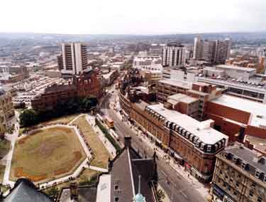 View of City Centre from Town Hall showing (centre) Pinstone Street, (left) Peace Gardens and Redvers House, (top centre) The Moor and (top right) Telephone House