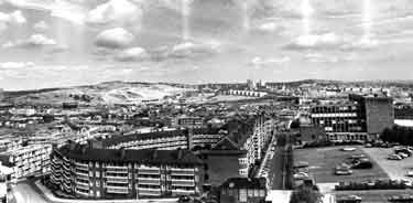 View from Jessop Hospital for Women of (foreground) Edward Street and Solly Street flats area and (top left) Pitsmoor and (top centre) Parkwood Springs