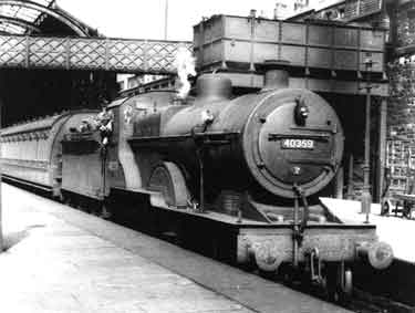 Sheffield Midland railway station showing BR.40359 Class 2P, 4-4-0 wheel arrangement. Stopping passenger train to Derby or Hope Valley