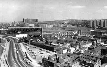 View from Redvers House looking towards Park Hill Flats showing (middle left) Owen Building, Sheffield Polytechnic (left) Arundel Gate and (right) Sheaf House and Norfolk Park flats