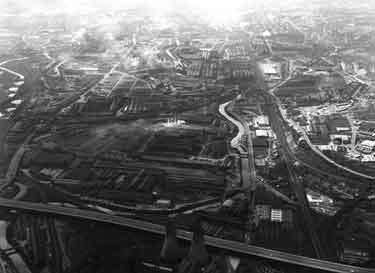 Aerial view of Meadowhall and Brightside from Tinsley Viaduct showing (right) Meadowhall Road and (left) Sheffield Road