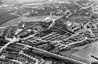 Aerial view of Woodhouse showing (bottom left) Woodhouse Station (left) Station Road, (bottom) Retford Road and (centre) the Badger Housing Estate
