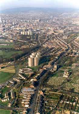 Aerial view of City Road looking towards the City Centre showing (centre left) Norfolk Park Flats and (right) City Road Cemetery and Crematorium