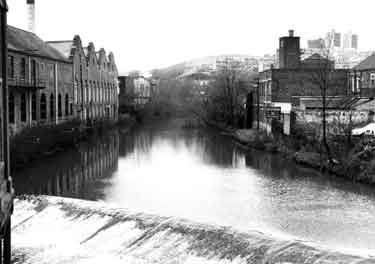 River Don at Lady's Bridge showing (left) Exchange Brewery, Bridge Street and (right) rear of The Hare and Hounds public house, Nos.27-29 Nursery Street