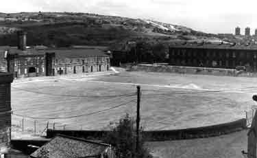 View from the hospital block over the infantry parade ground, Hillsborough Barracks looking towards Neepsend and Parkwood Springs and (top centre) Sheffield Ski Village 