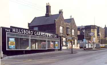 The Hillsboro' Garage and Motor Co. Ltd., Langsett Road, showing (right) the Hillsborough Barracks c.1972