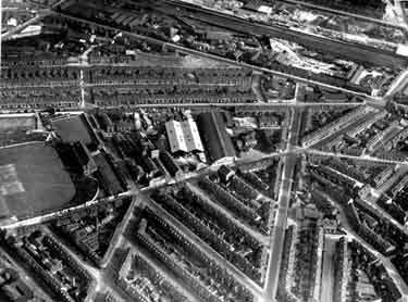 Highfield and St. Marys showing (centre) Bramall Lane football ground, (right) Alderson Road (top) Queens Road (top left running right) Shoreham Street and Edmund Road c.1950