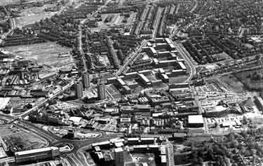 Highfield and Sharrow showing (centre) Lansdowne Flats and Cemetery Road, (foreground) Ecclesall Road, (left) London Road (bottom left) St. Mary's Gate and the Moore Street electricity sub-station 