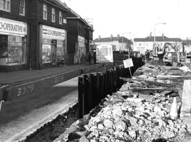 Construction work at the junction of (right) Ridgeway Road and (centre) City Road showing Brightside and Carbrook Co-Operative Society