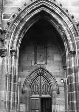 Carved stonework on entrance to St. Mary's C. of E. Church, Bramall Lane