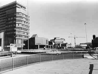 Furnival Gate (latterly Furnival Square) roundabout showing (left) AEU House and Redvers House (centre) Town Hall extension (Egg Box (Eggbox)) and (right) Register Office (Wedding Cake)