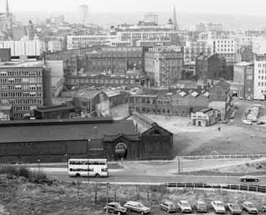 Sheaf Street showing (bottom left) George Senior and Sons Ltd., steel manufacturers, Ponds Forge Works, (centre left) Heriot House and (centre) the General Post Office