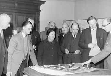 Unidentified meeting about Park Hill flats showing (2nd left) Alderman Harold Lambert
