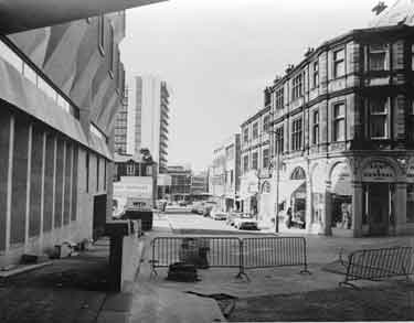 Pedestrianisation of Norfolk Street showing (left) Town Hall extension (also known as the Egg Box) and Redvers House and (right) Army and General Stores Ltd. No.172 Norfolk Street 