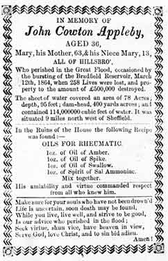 Memorial card for John Cowton Appleby and his family who died in the Great Flood of March, 1864