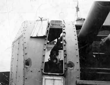 Damage done to the port 1, 4 inch gun of HMS Sheffield by the German warship, Bismark