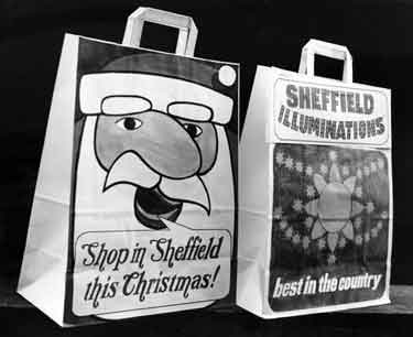 Carrier bags advertising Sheffield's Christmas lights and shopping
