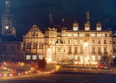 Christmas lights in the Peace Gardens showing (centre) the Town Hall