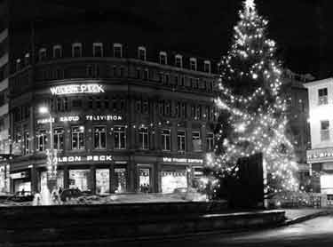 Christmas decorations on Fargate showing (centre left) Wilson Peck, Beethoven House, Nos.66-70 Leopold Street and (left) the Goodwin Fountain
