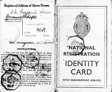 National Registration Identity Card (with endorsement (Police)) for Arthur Henry Marshall, No. 33 Margate Drive