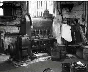 View of work shop showing old hammer machine (no longer in use), J. E. Morrison and Sons Ltd., Granville Works, auger manufacturers, Tenter Street at the junction with Broad Lane
