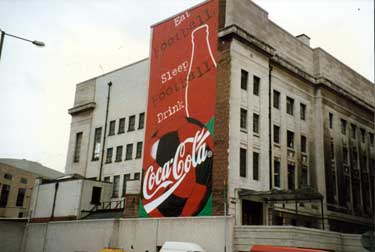 Avertising poster from Coca Cola for Euro 96 displayed on side entrance to Central Library, Arundel Gate