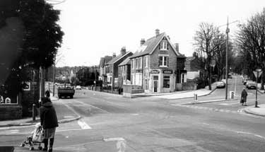 Abbeydale Road at the junctions of Archer Road (left) Springfield Road (first right) and Whirlowdale Road (second right) showing T.J.J.Weaving and Son, estate agents and surveyors (centre)
