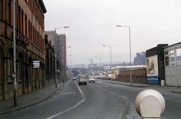 Attercliffe Road at junction of Savile Street, outside the former premises of Thomas W. Ward, Albion Works, looking towards Wicker Arches 