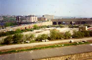 Sheffield Canal Basin from the upper floor of the Straddle Warehouse showing the Royal Victoria Hotel (left)