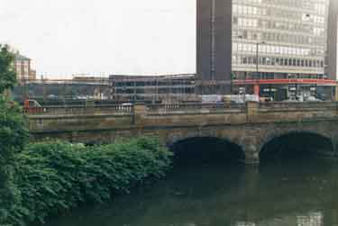 View of River Don and Blonk Street bridge, Blonk Street from Castlegate showing Esso service station and Hotel Bristol (both right)