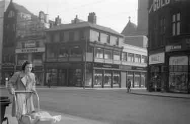Junction of Fargate and Norfolk Row (centre) showing shops (l.to.r.) W. P. Kenyon, estate agents (Nos.41-43); John Walsh Ltd., department store (Nos.41-47); Spalls Ltd., fancy repository (No.51) and Halford Cycle Co. Ltd (Nos.53-55)