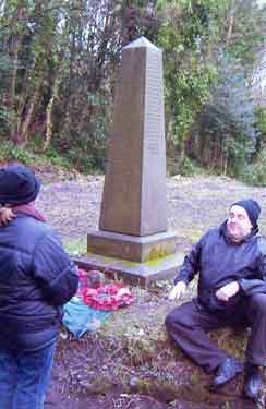 Ron Clayton (right) on the site of the Wardsend Cemetery Chapel. The Obelisk stone is a memorial to NCO's and privates who died in Hillsborough Barracks