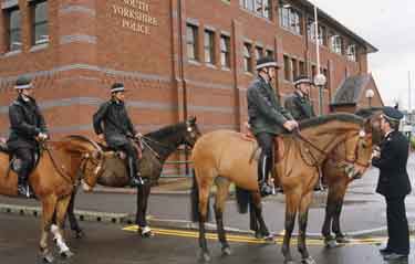 Mounted police outside Attercliffe Police Station, Attercliffe Common