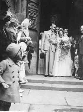 Wedding of a member (Alice?) of Sheffield CTC cycling club at Wadsley Church, Worrall Road, Wadsley 