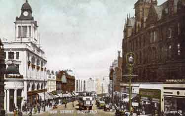 High Street from Church Street with Sheffield Telegraph and Star Offices, Kemsley House left and Henry Dodgson right