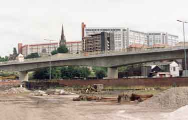 View from Sheffield Canal Basin showing (back) Harold Lambert Court (formerly Hyde Park Flats) and (centre) the Parkway Supertram bridge