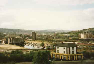 View from Hyde Park Flats showing (left) the Canal Basin and Straddle Warehouse, (right) the Royal Victoria Hotel and (bottom) the Durham Ox public house, 
