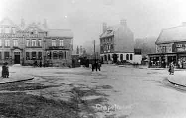 Waggon and Horses Hotel, Market Place, Chapeltown showing (right) Melia's Ltd., grocers