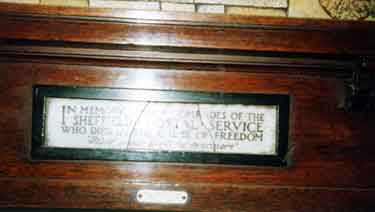 Plaque at the bottom of the roll of honour to Sheffield Post Office employees who died in the First World War after resiting from the General Post Office, Fitzalan Square to Castle House, Angel Street