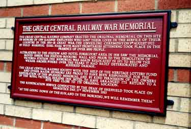 Plaque commemorating the rededication of the Great Central Railway war memorial 