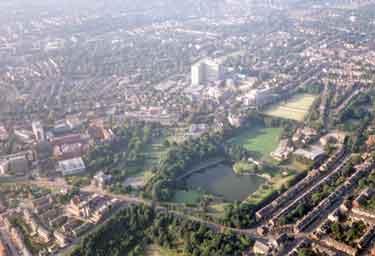 View of Upperthorpe, Netherthorpe and Broomhill from a hot air balloon showing (bottom centre) Crookes Valley Park and (top centre) Royal Hallamshire Hospital