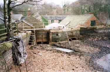 Repair work to Abbeydale Works dam (Tyzack's Dam) and sluices, looking towards Abbeydale Industrial Hamlet Museum former premises of W. Tyzack, Sons and Turner Ltd