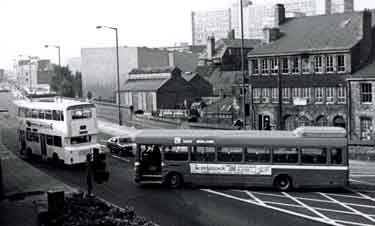 National Express - East Midlands bus turning onto Sheaf Street from Pond Hill showing (top right) former premises of Joseph Rodgers and Sons Ltd., River Lane Works 