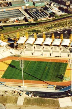 Aerial view of the construction of the Don Valley Stadium, Worksop Road