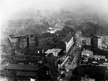 Looking towards the city centre (The Moor centre background)  'visibility 1/3 mile', probably 1960s