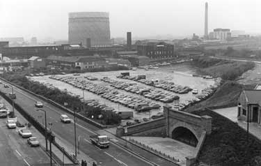 View of Furnival Road car park showing Bernard Road Incinerator (right) and the Effingham Street Gas Holder
