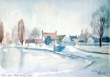 Painting by Heinz Georg Lutz whilst he was a prisoner of war at Prisoner of War Camp 17, Lodge Moor. The picture is labelled Tick Hill. Mill-Farm (Salt)