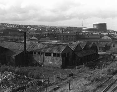 View of the former Hadfield Co. Ltd., East Hecla Steelworks showing the Tinsley Gas holders to the right
